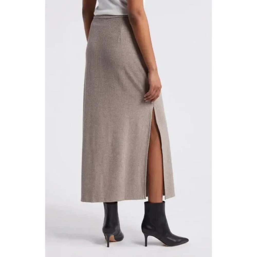 Halogen Ribbed Brown Knit Midi Skirt and Top Set